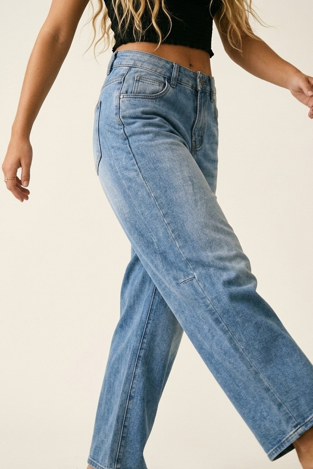 Light Blue Wide-Leg Relaxed Denim Jeans with side stitching - Denim