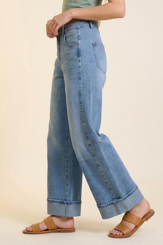 Blue Wide-Leg Light Wash Denim Jeans with Cuffs barrel Style - Denim