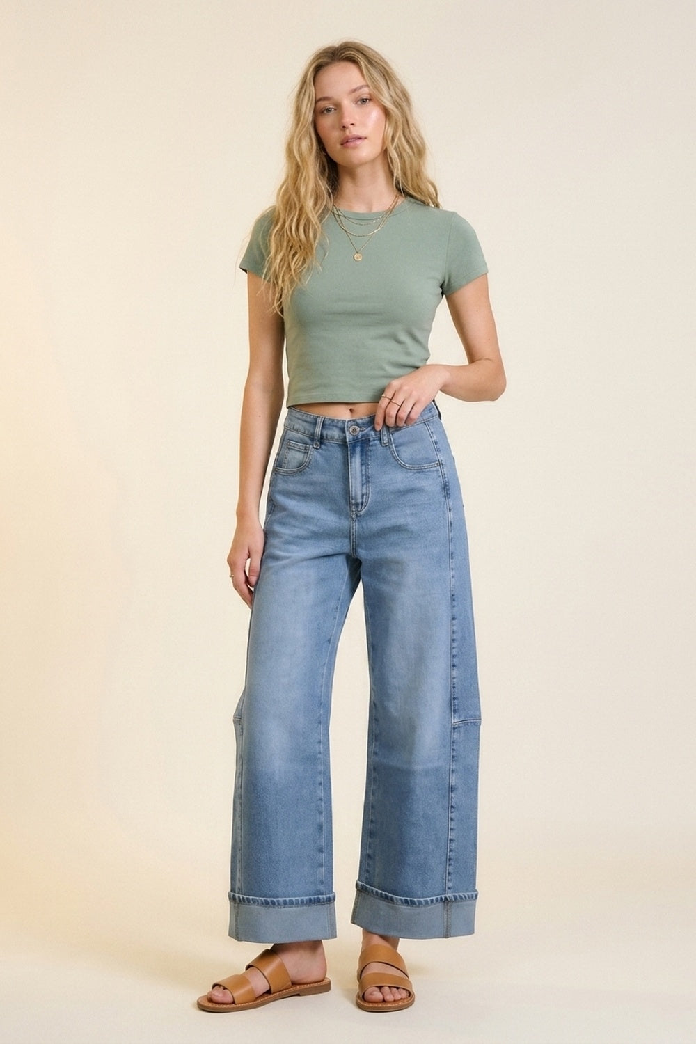 Blue Wide-Leg Light Wash Denim Jeans with Cuffs barrel Style - Denim