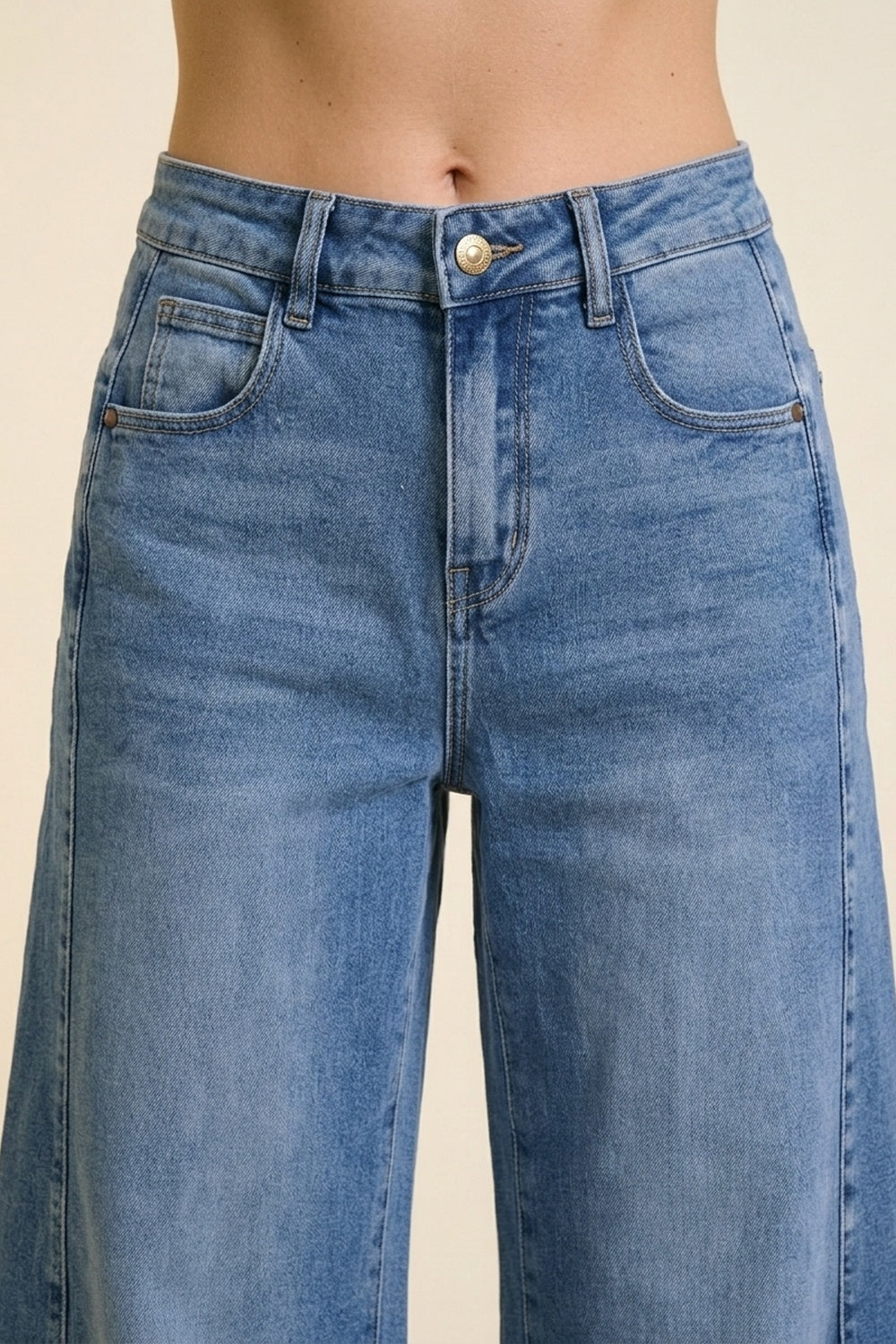 Blue Wide-Leg Light Wash Denim Jeans with Cuffs barrel Style - Denim