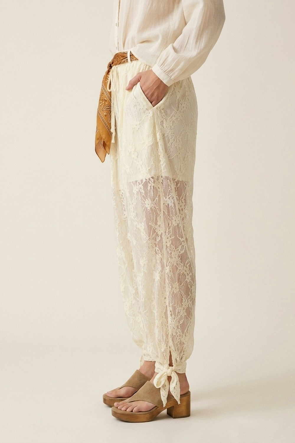 Cream Floral Lace Sheer Tie Hem Relaxed Fit Pants - trousers