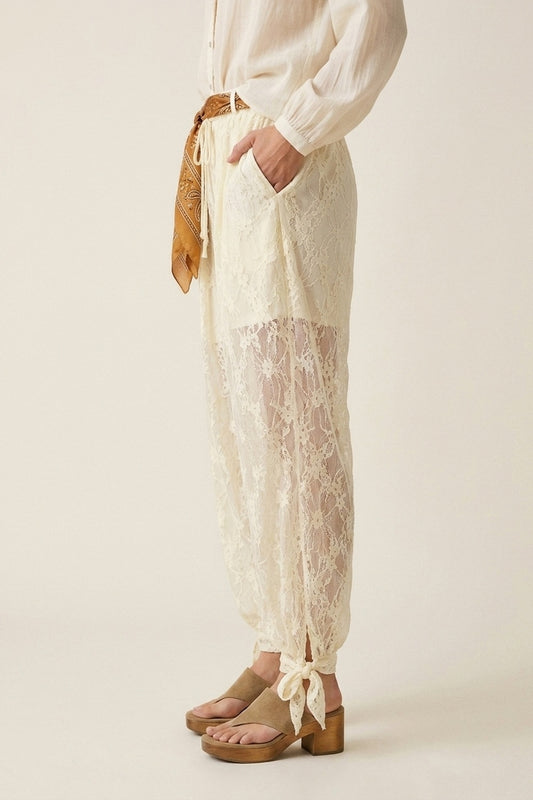 Cream Floral Lace Sheer Tie Hem Relaxed Fit Pants - trousers
