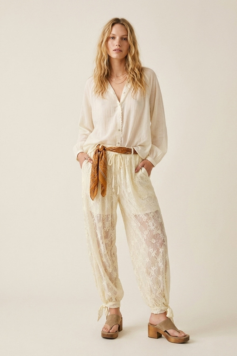 Cream Floral Lace Sheer Tie Hem Relaxed Fit Pants - trousers
