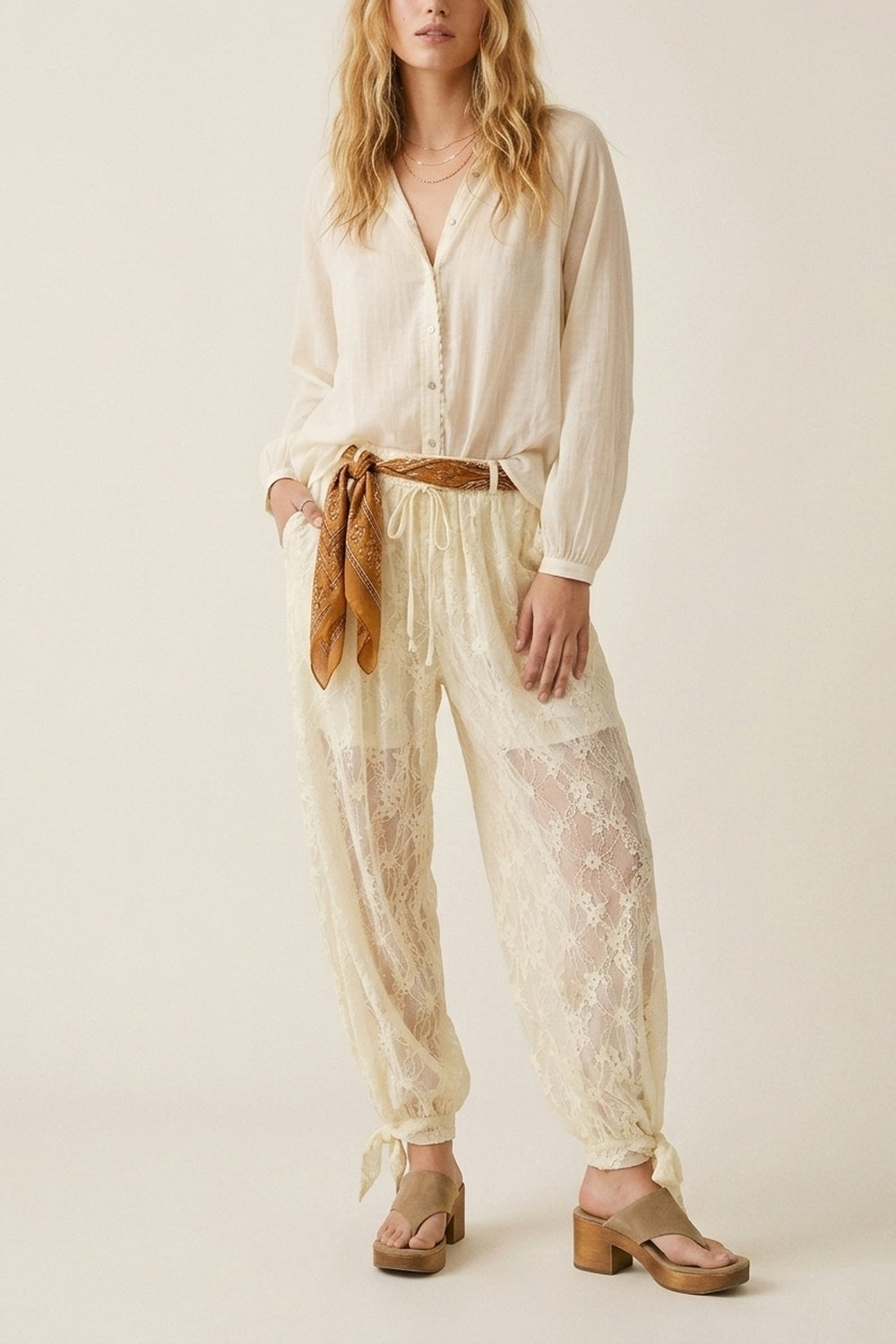 Cream Floral Lace Sheer Tie Hem Relaxed Fit Pants - trousers