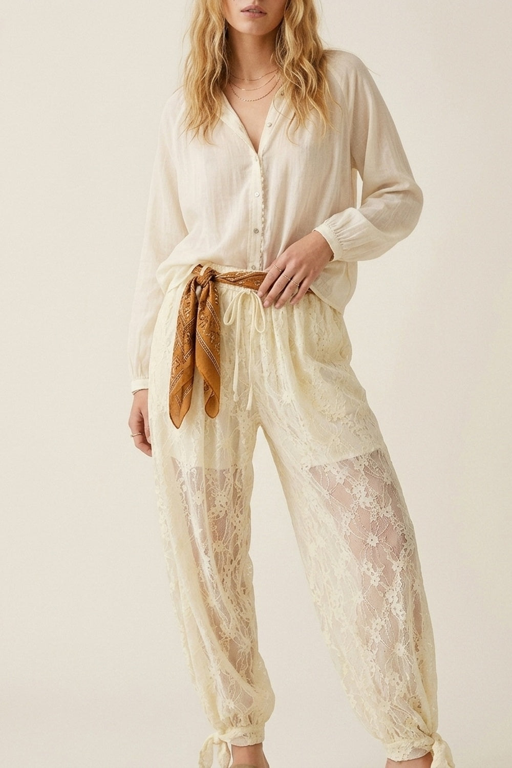 Cream Floral Lace Sheer Tie Hem Relaxed Fit Pants - trousers