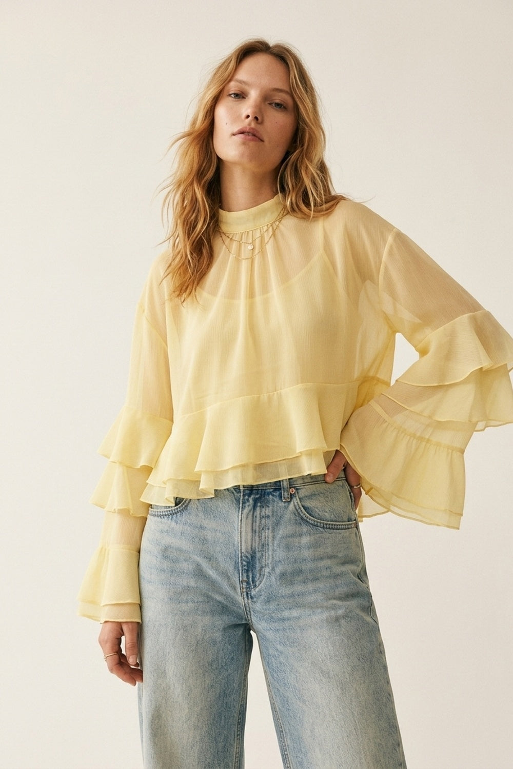 Yellow Chiffon Ruffle Tiered Flared Sleeve High Neck Blouse Top