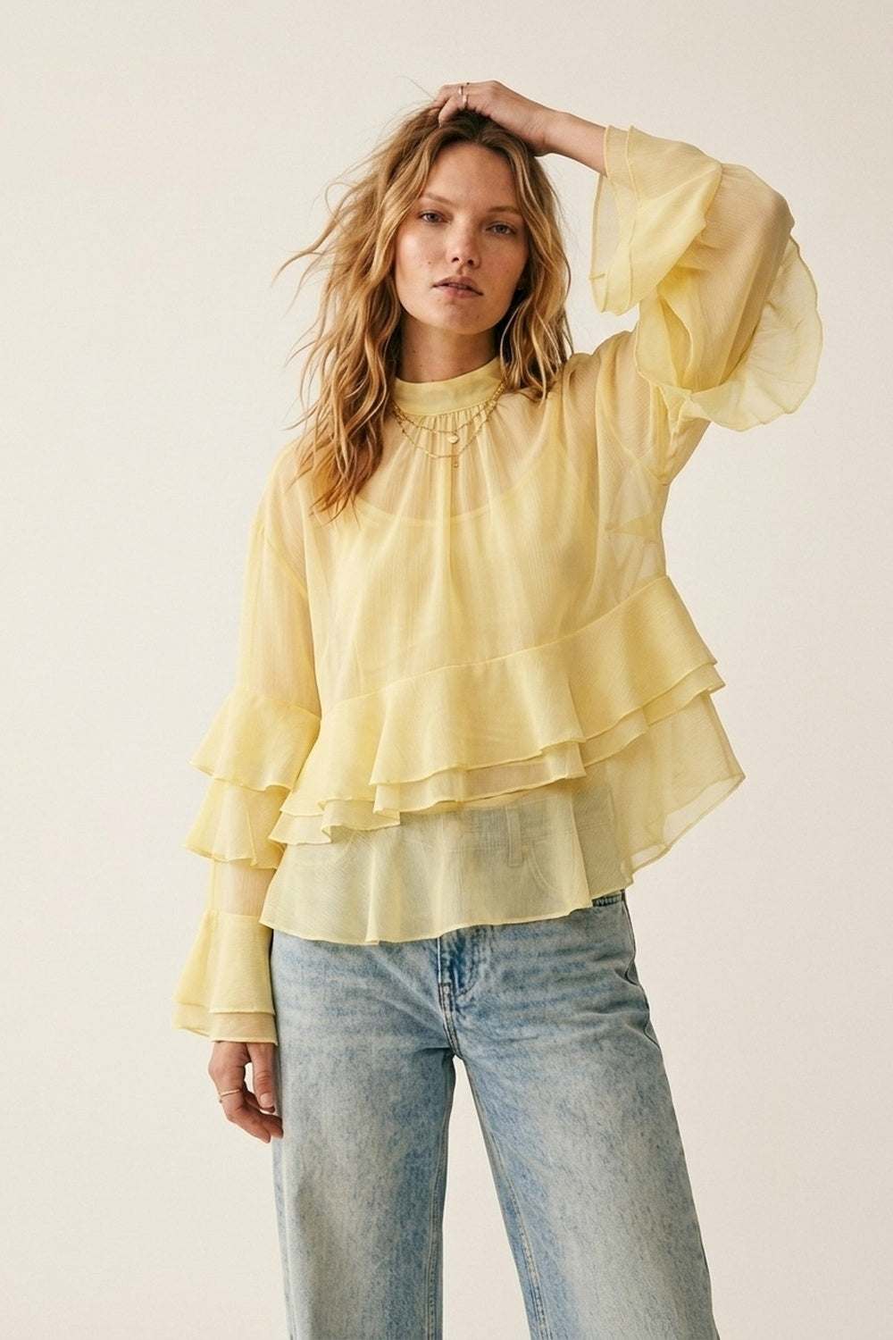 Yellow Chiffon Ruffle Tiered Flared Sleeve High Neck Blouse Top