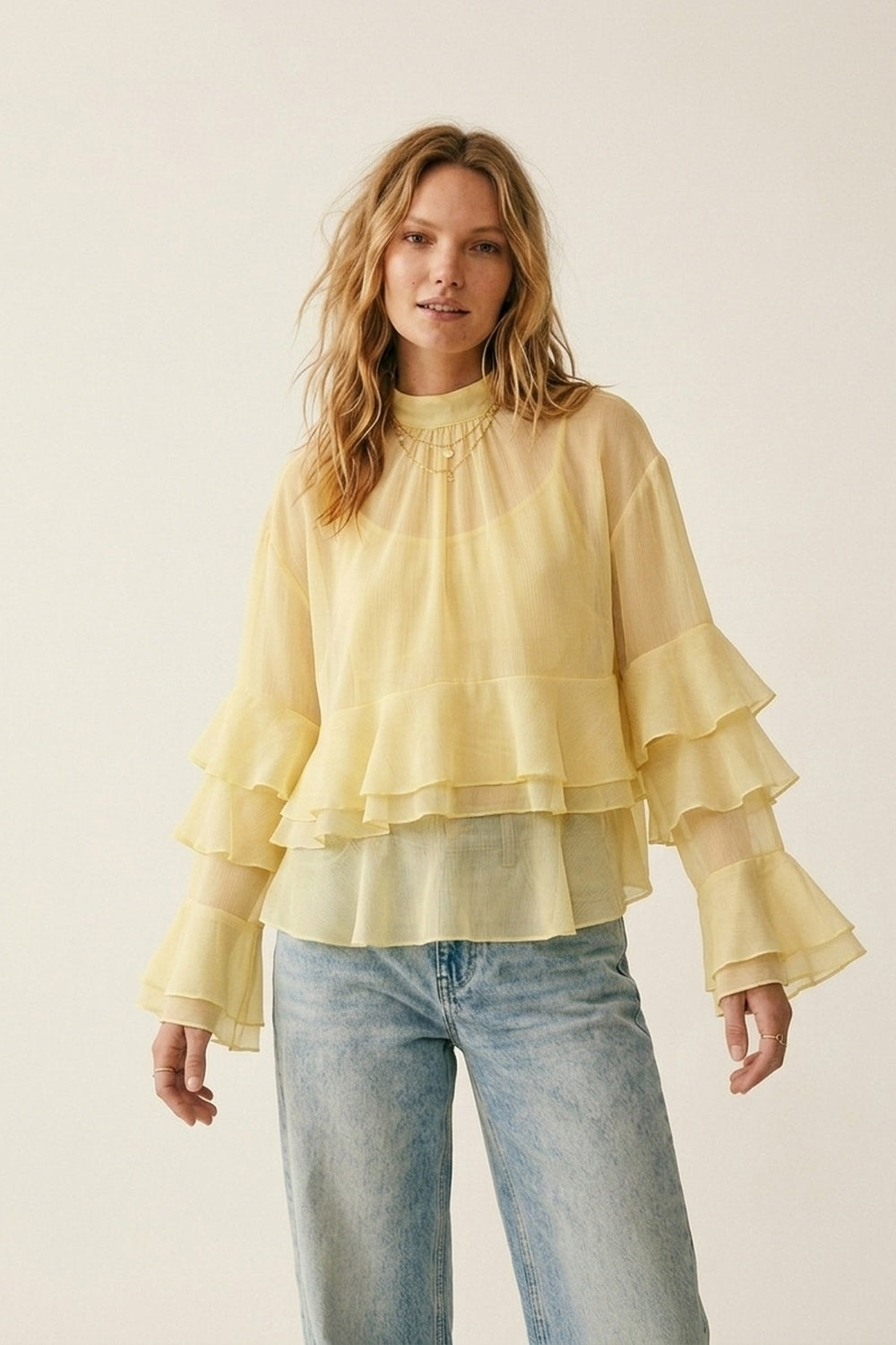 Yellow Chiffon Ruffle Tiered Flared Sleeve High Neck Blouse Top