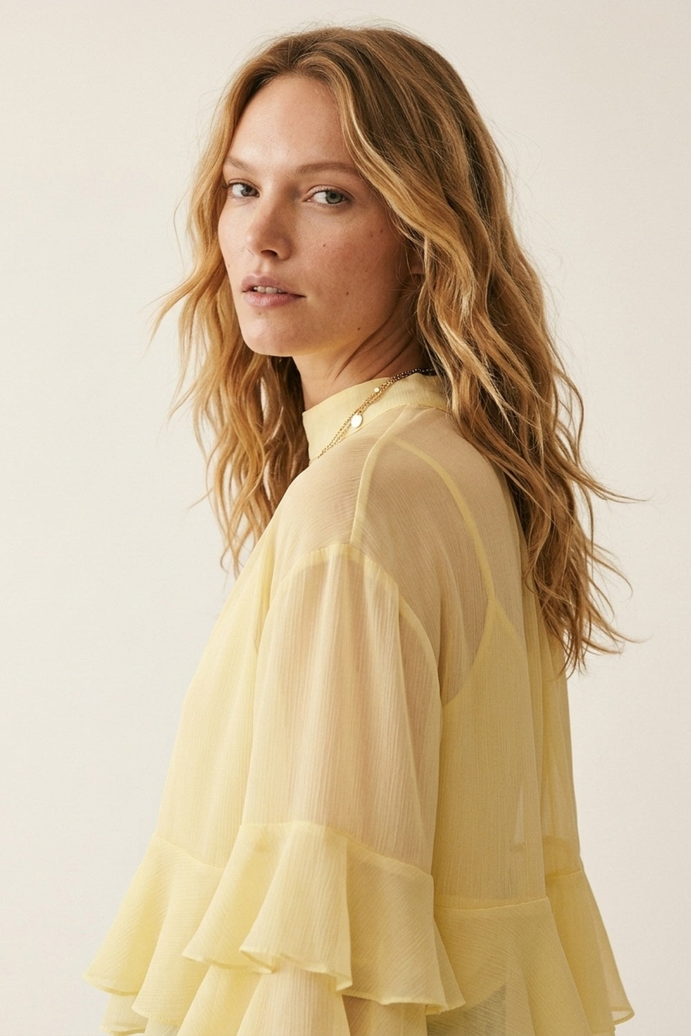 Yellow Chiffon Ruffle Tiered Flared Sleeve High Neck Blouse Top