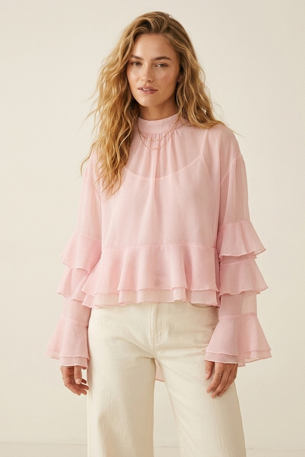 Light Pink Chiffon Ruffle Tiered High Neck Asymmetrical Blouse Top