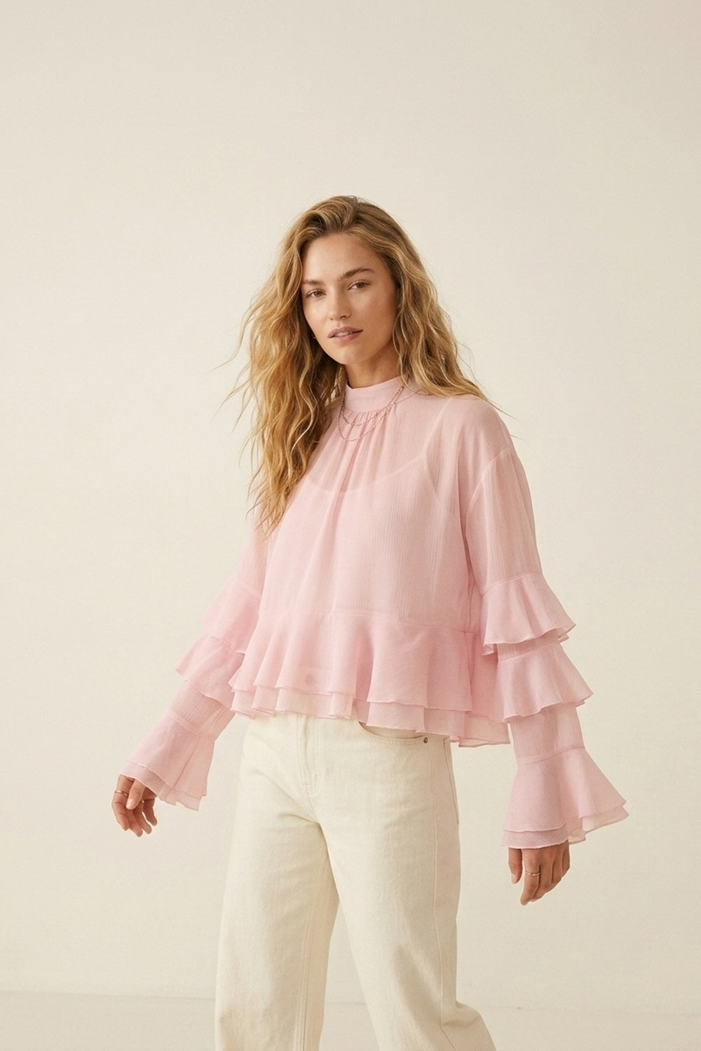 Light Pink Chiffon Ruffle Tiered High Neck Asymmetrical Blouse Top
