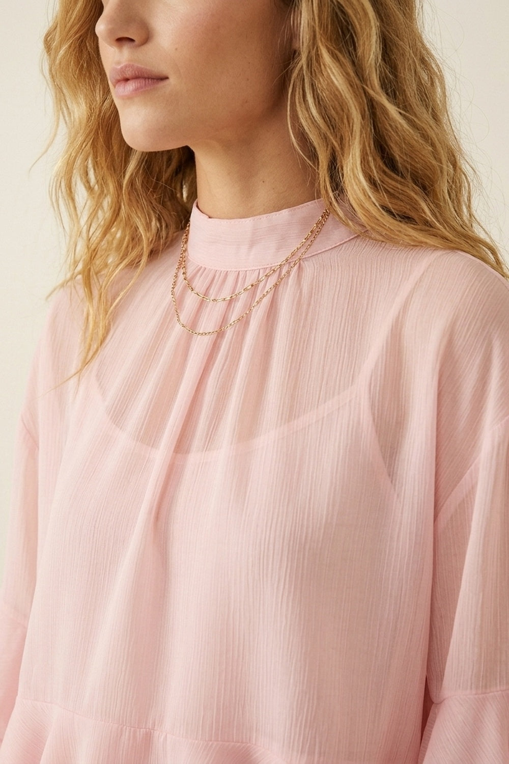 Light Pink Chiffon Ruffle Tiered High Neck Asymmetrical Blouse Top