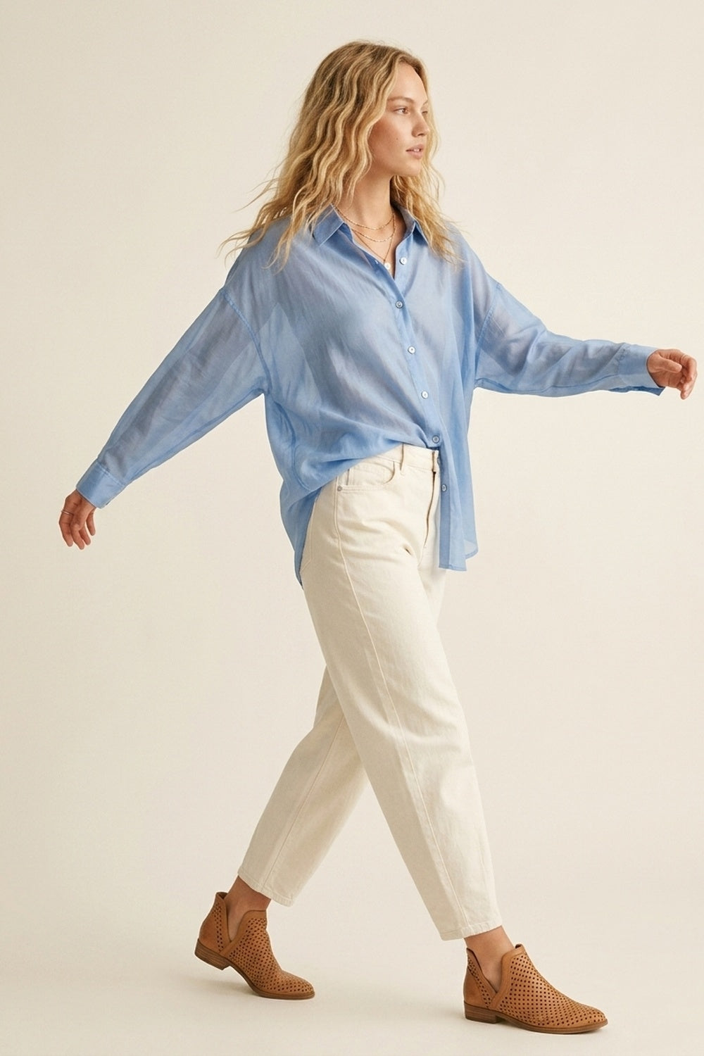 Sheer Sky Blue Button-Down Shirt with Relaxed Fit - Shirts