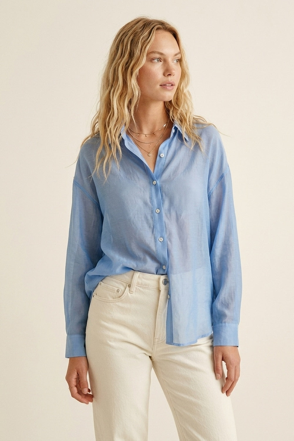 Sheer Sky Blue Button-Down Shirt with Relaxed Fit