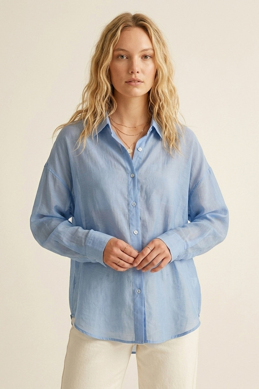 Sheer Sky Blue Button-Down Shirt with Relaxed Fit - Shirts