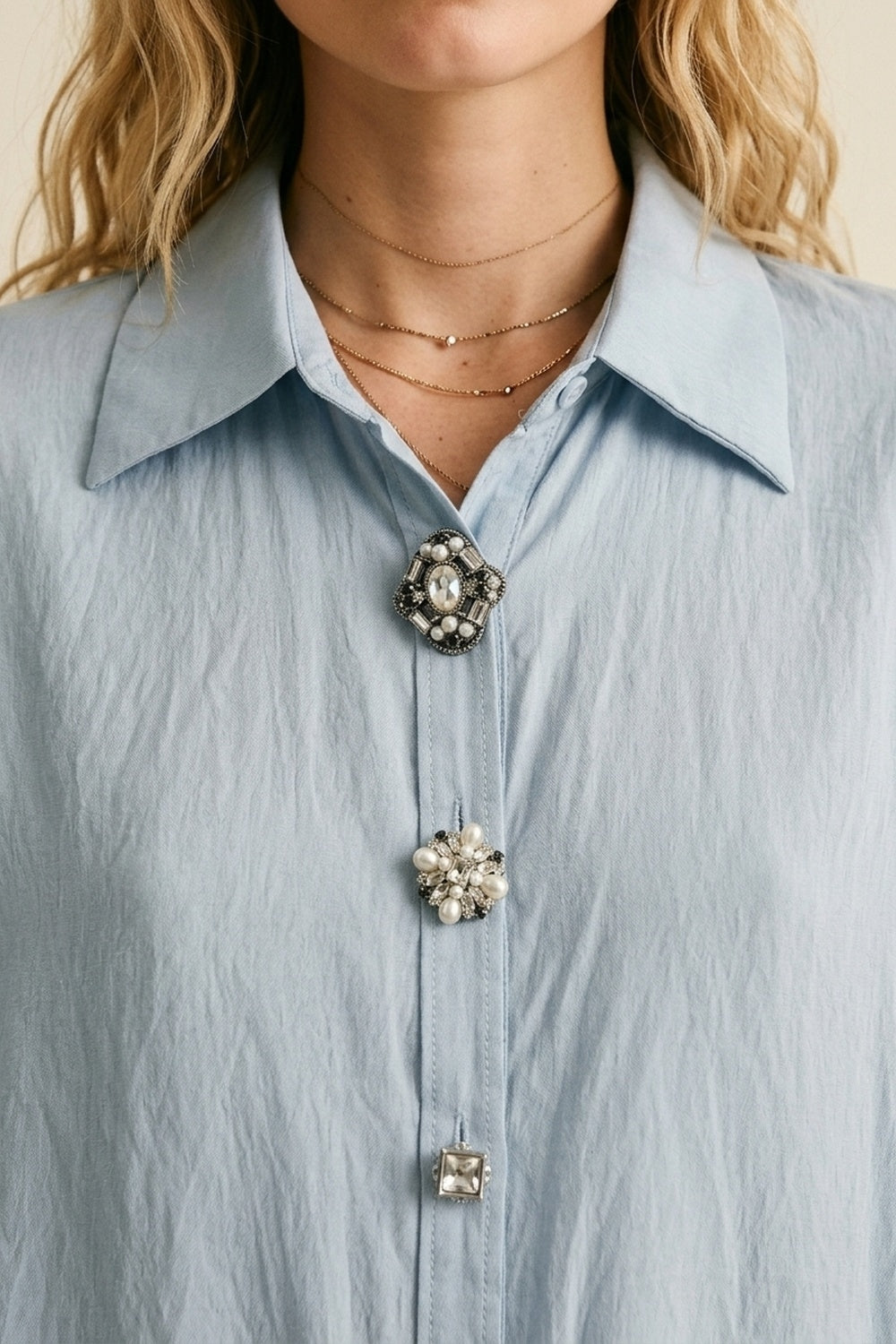 Light Blue Embellished Button-Down Blouse in tencel fabric - Shirts