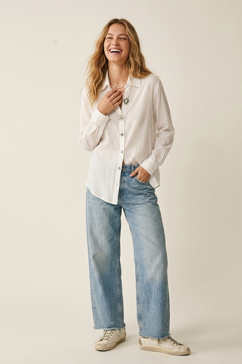 White Embellished Button-Down Blouse in tencel fabric - Shirts