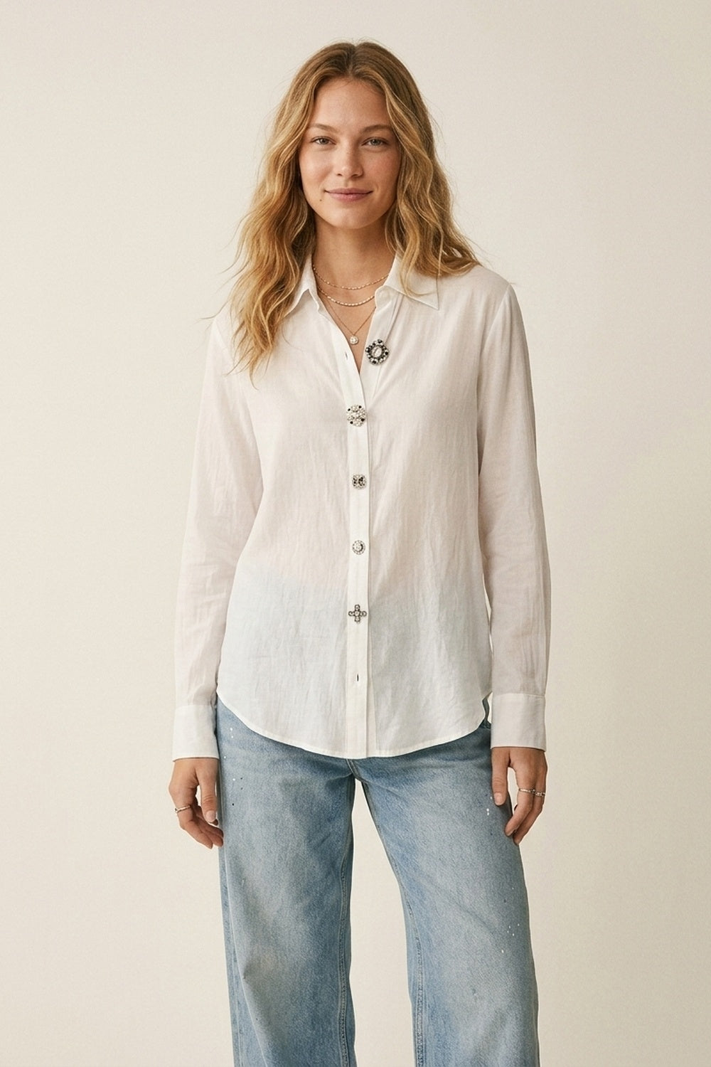 White Embellished Button-Down Blouse in tencel fabric - Shirts