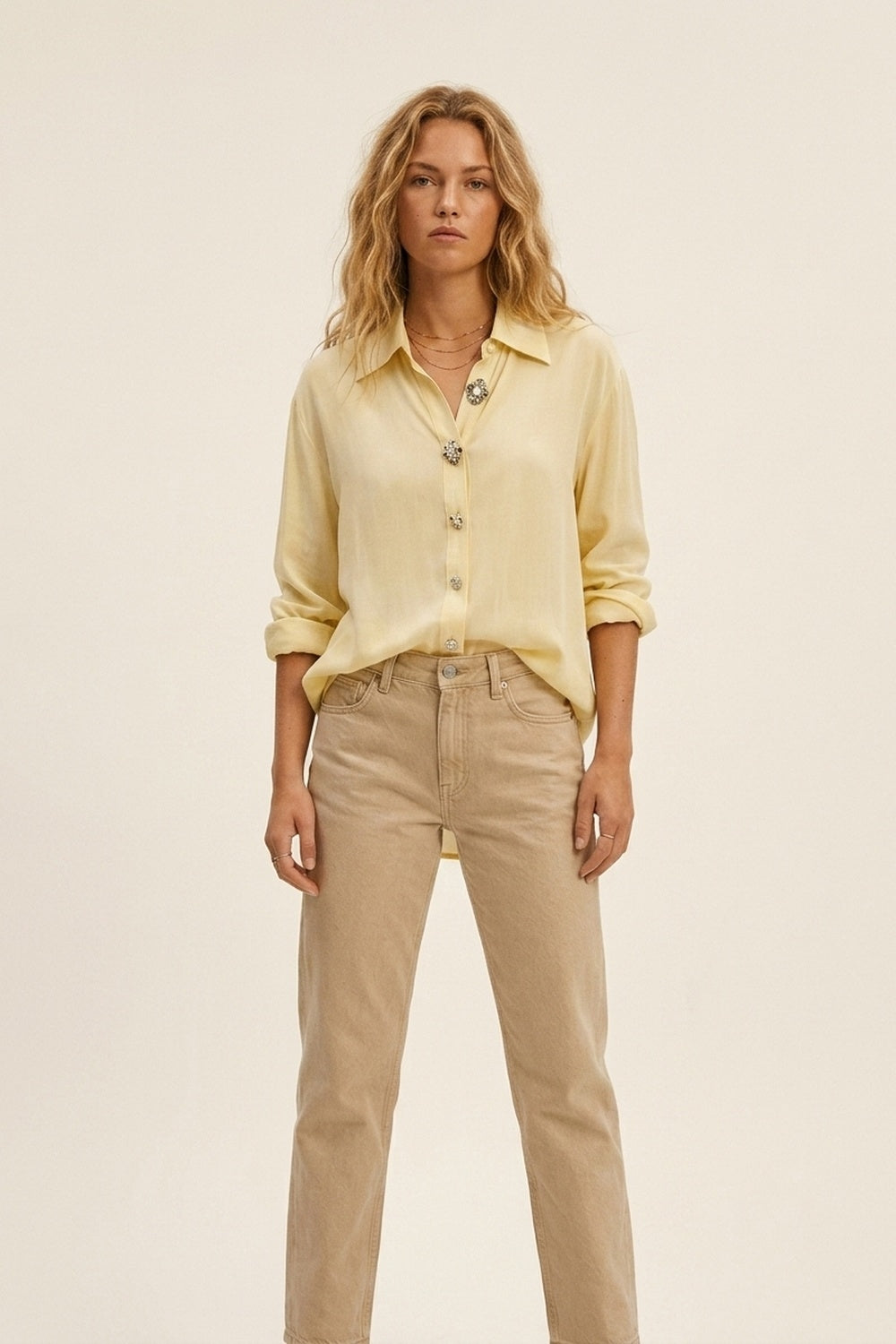 Butter Yellow Embellished Button-Down Blouse in tencel fabric - Shirts