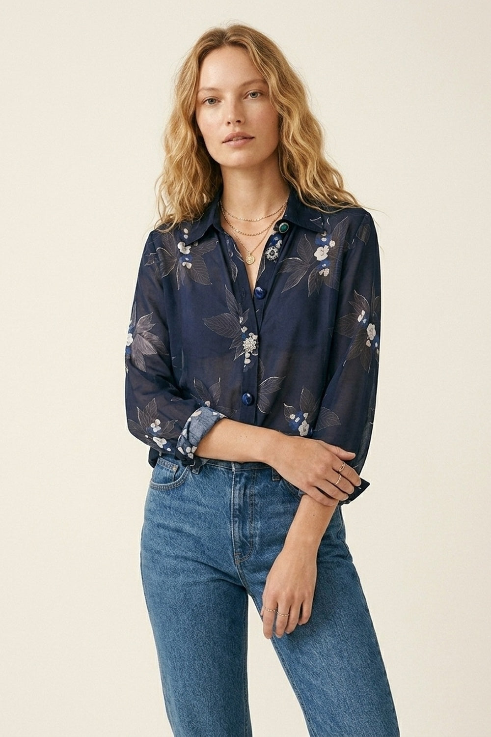 Navy Floral Button-Up Shirt in chiffon with Long Sleeves - Shirts