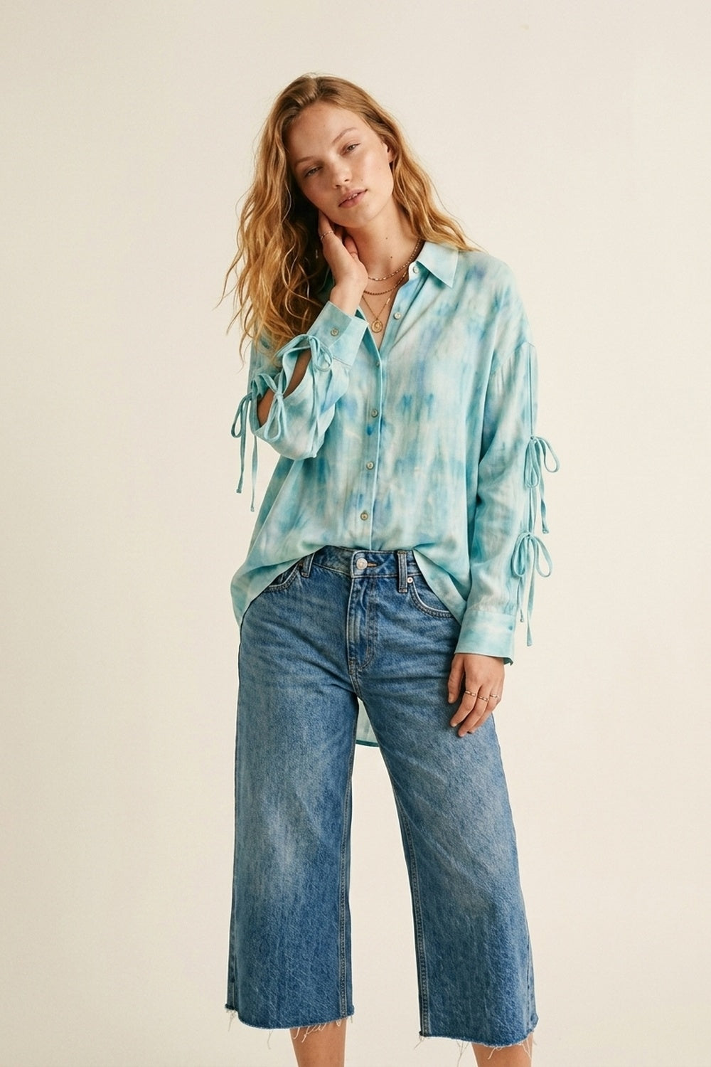 Light Blue Patterned Oversize Button-Up Shirt - Shirts