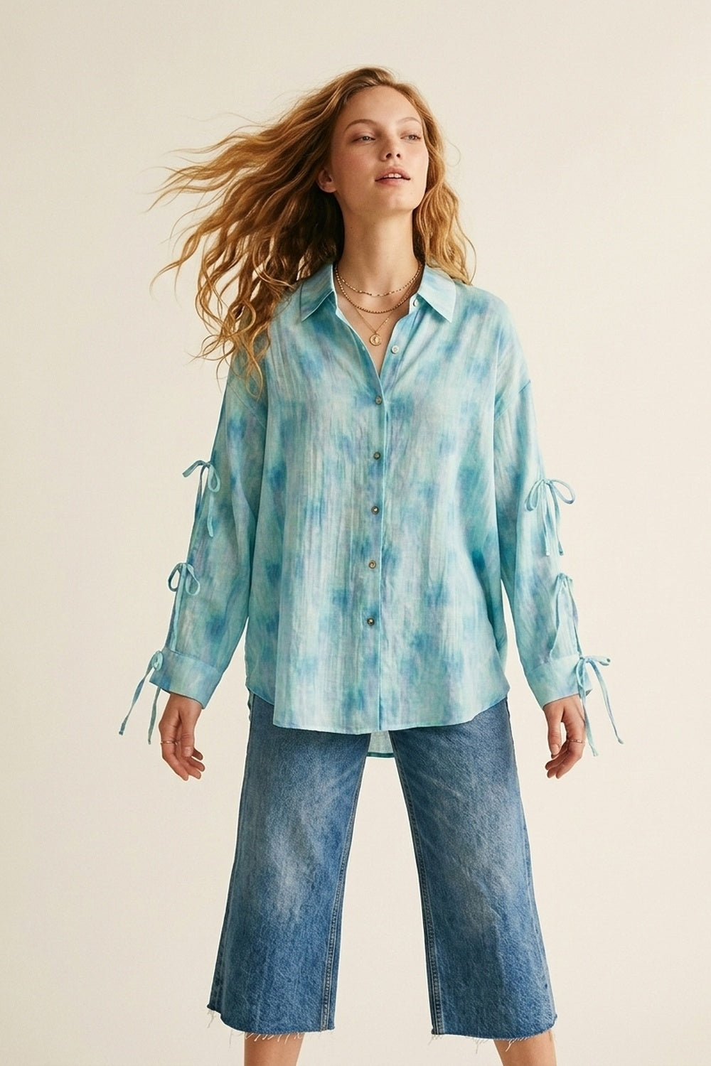 Light Blue Patterned Oversize Button-Up Shirt - Shirts
