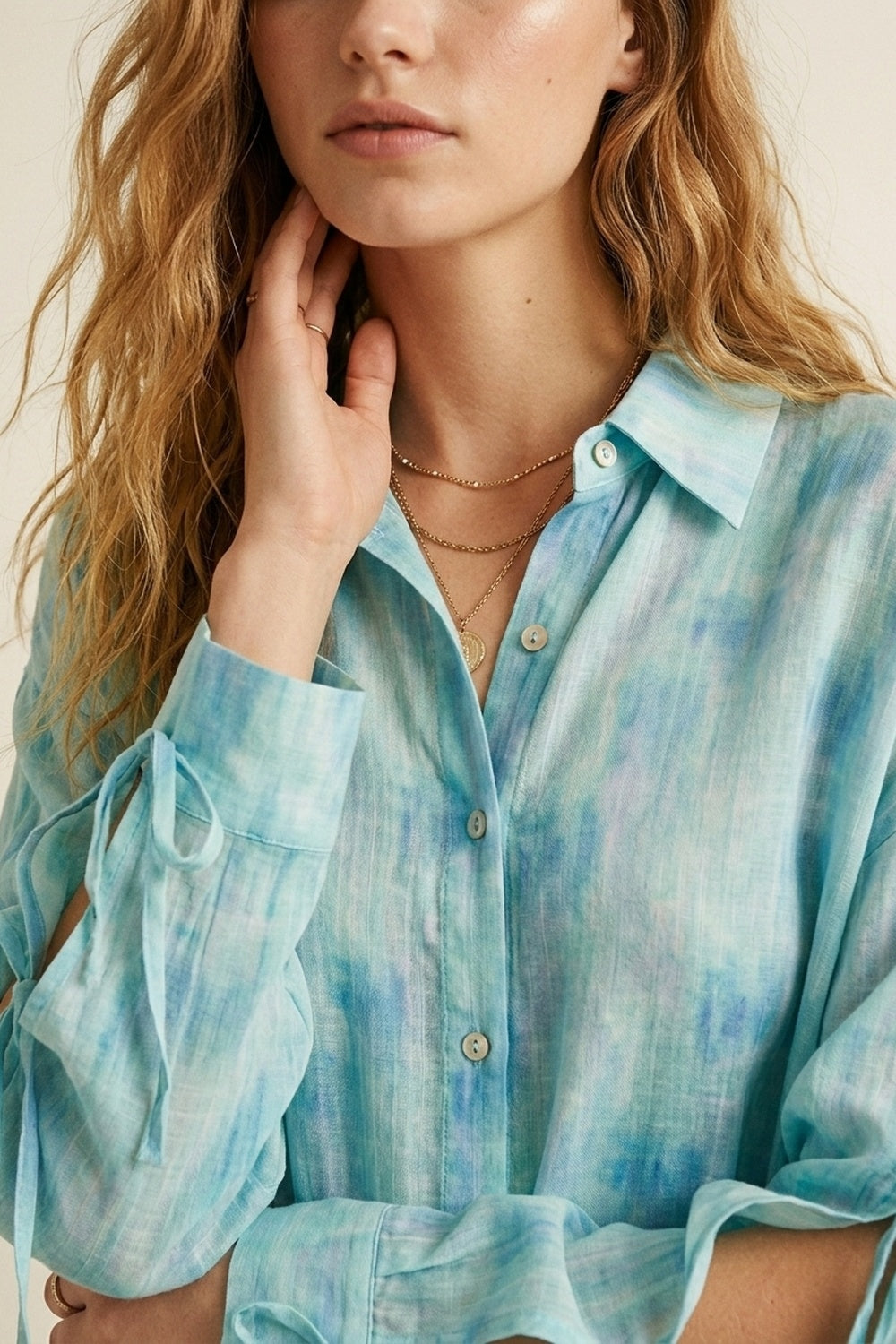 Light Blue Patterned Oversize Button-Up Shirt - Shirts