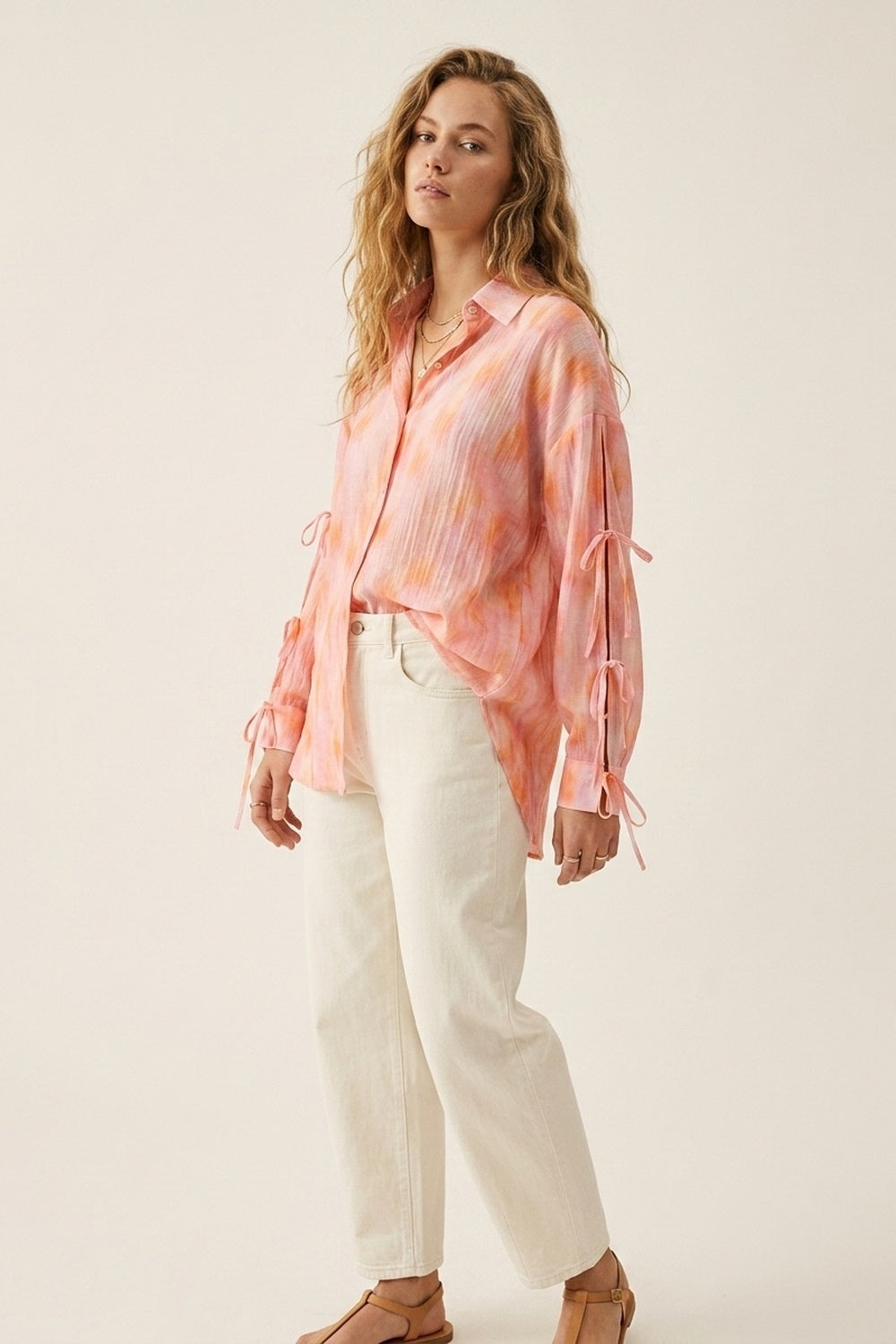 oversized Pink Tie-Sleeve Button-Up Shirt - Shirts