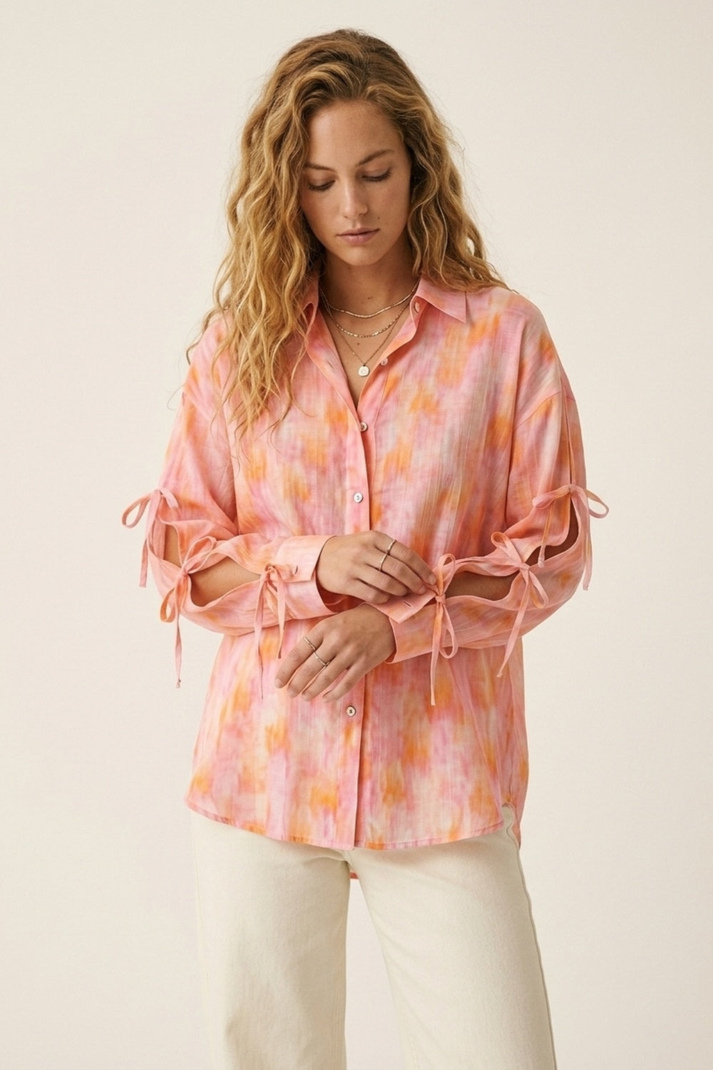 oversized Pink Tie-Sleeve Button-Up Shirt - Shirts
