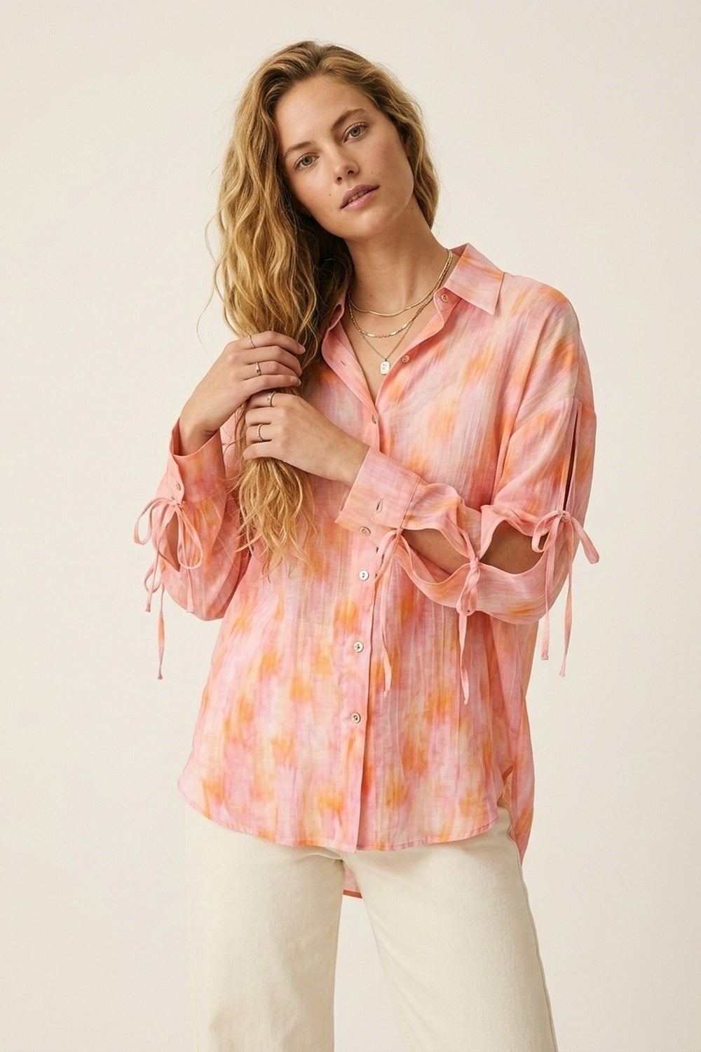 oversized Pink Tie-Sleeve Button-Up Shirt - Shirts