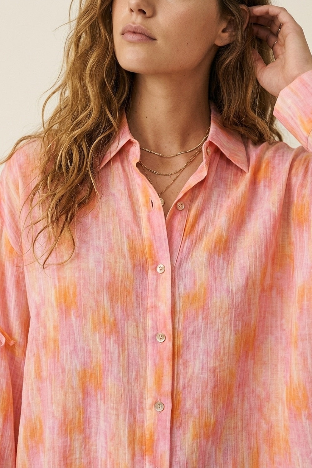 oversized Pink Tie-Sleeve Button-Up Shirt - Shirts