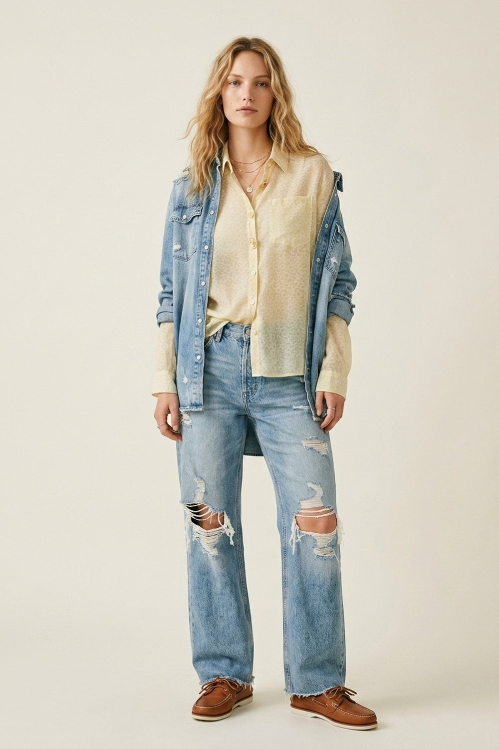 Light Yellow Button-Front Sheer Blouse with Subtle Print - Shirts