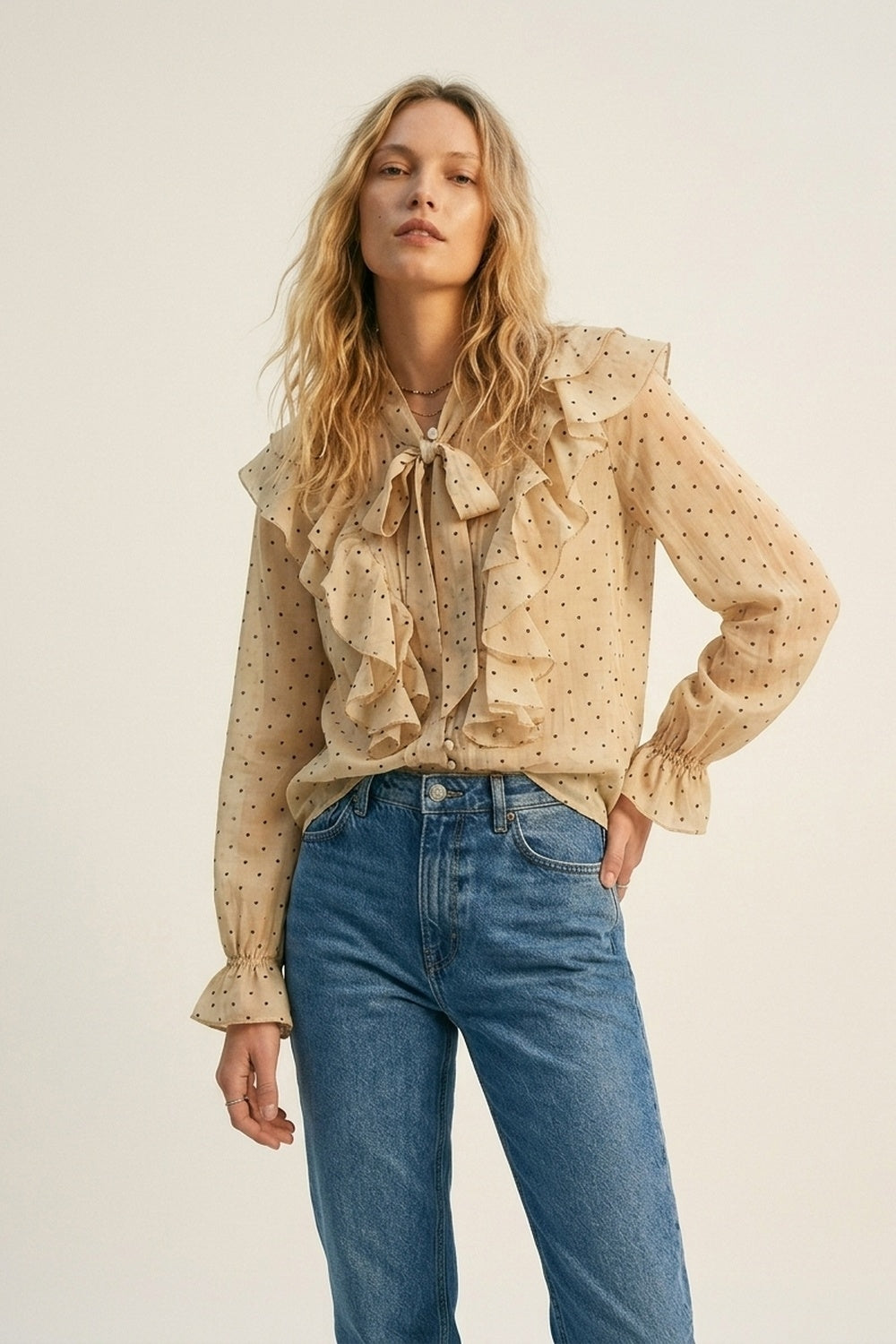 Beige Polka Dot Ruffled Tie-Neck Blouse - Shirts