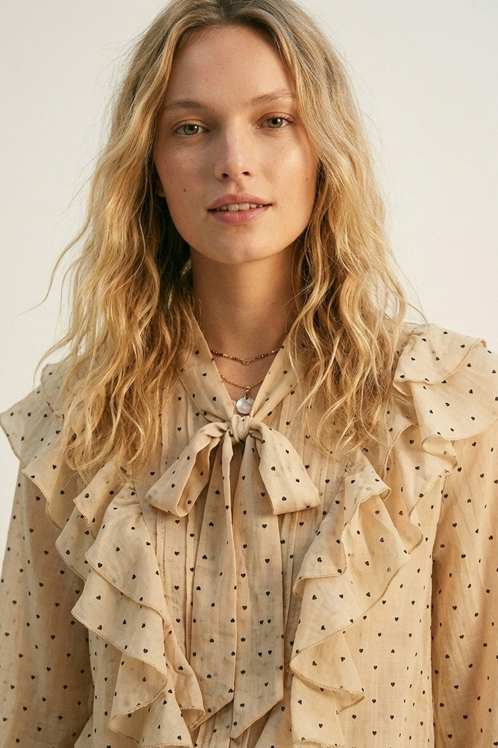 Beige Polka Dot Ruffled Tie-Neck Blouse - Shirts