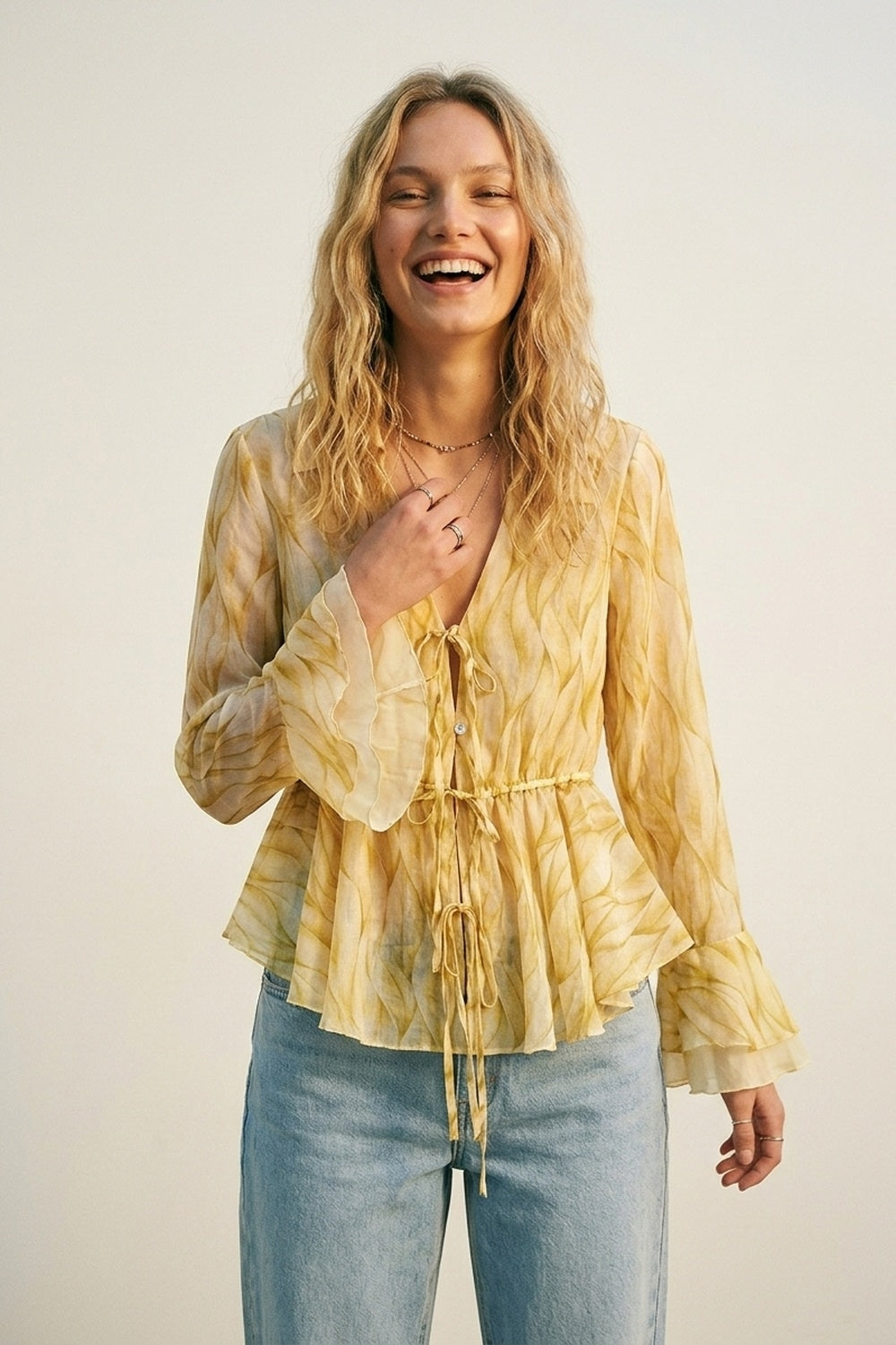 Yellow Sheer Printed Tie-Waist Blouse with Ruffled Hem