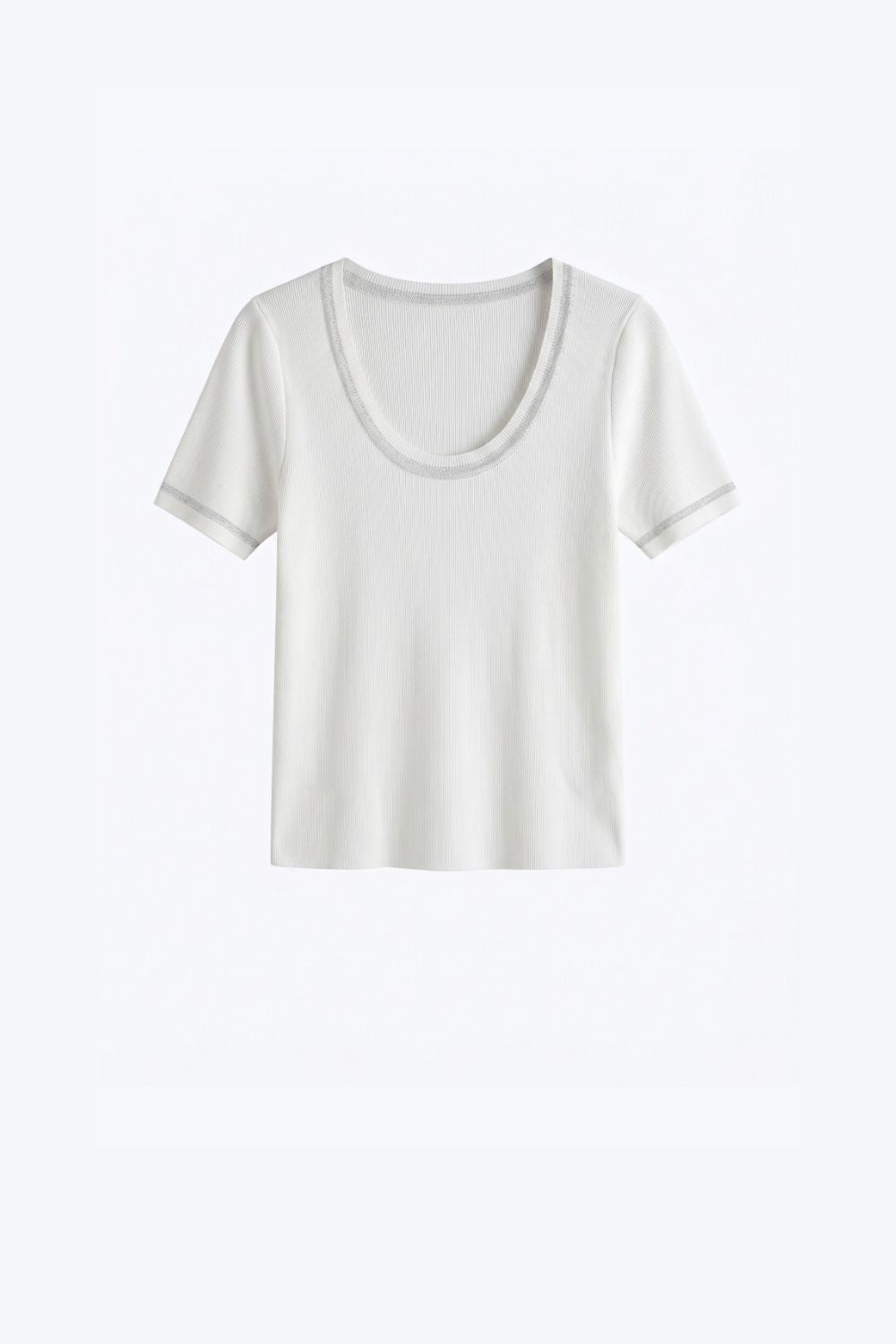 White Ribbed Knit Scoop Neck sweater with shiny lurex trim