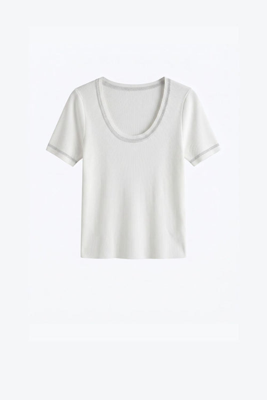 White Ribbed Knit Scoop Neck sweater with shiny lurex trim