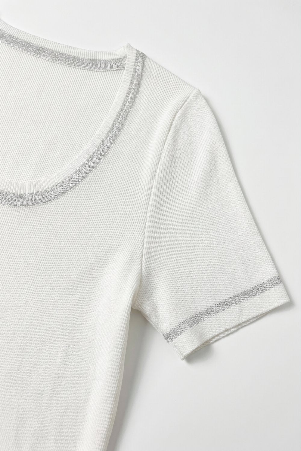 White Ribbed Knit Scoop Neck sweater with shiny lurex trim