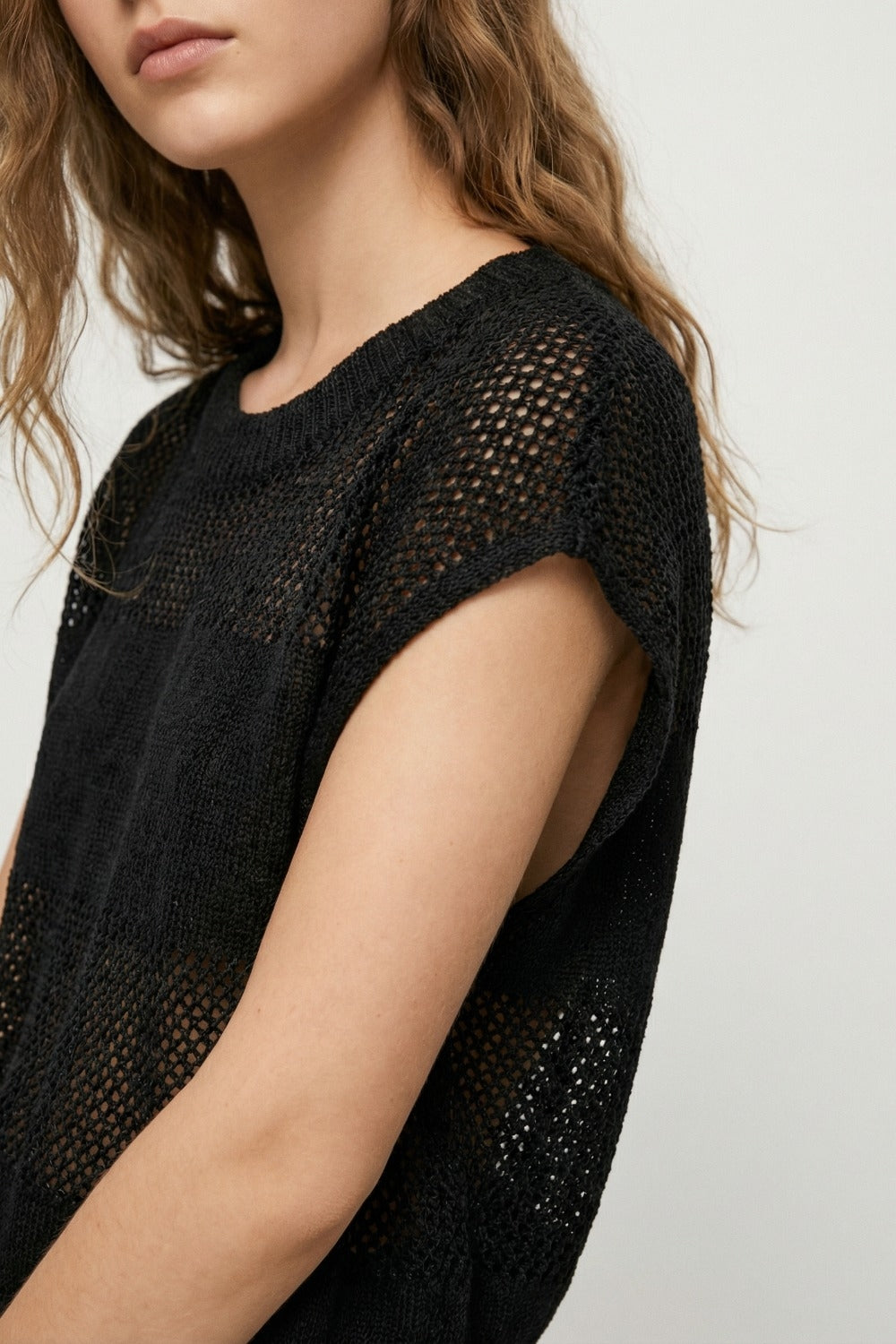 Black Open Knit Relaxed Fit Cap Sleeve Sweater