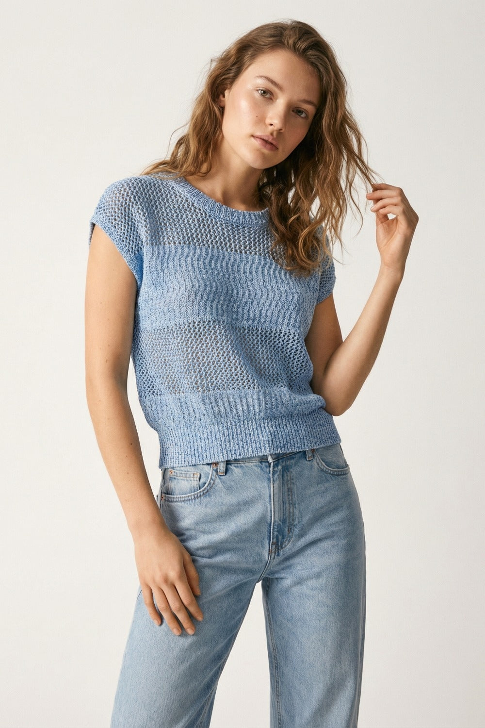 Light Blue Mesh Knit Relaxed Fit Sweater