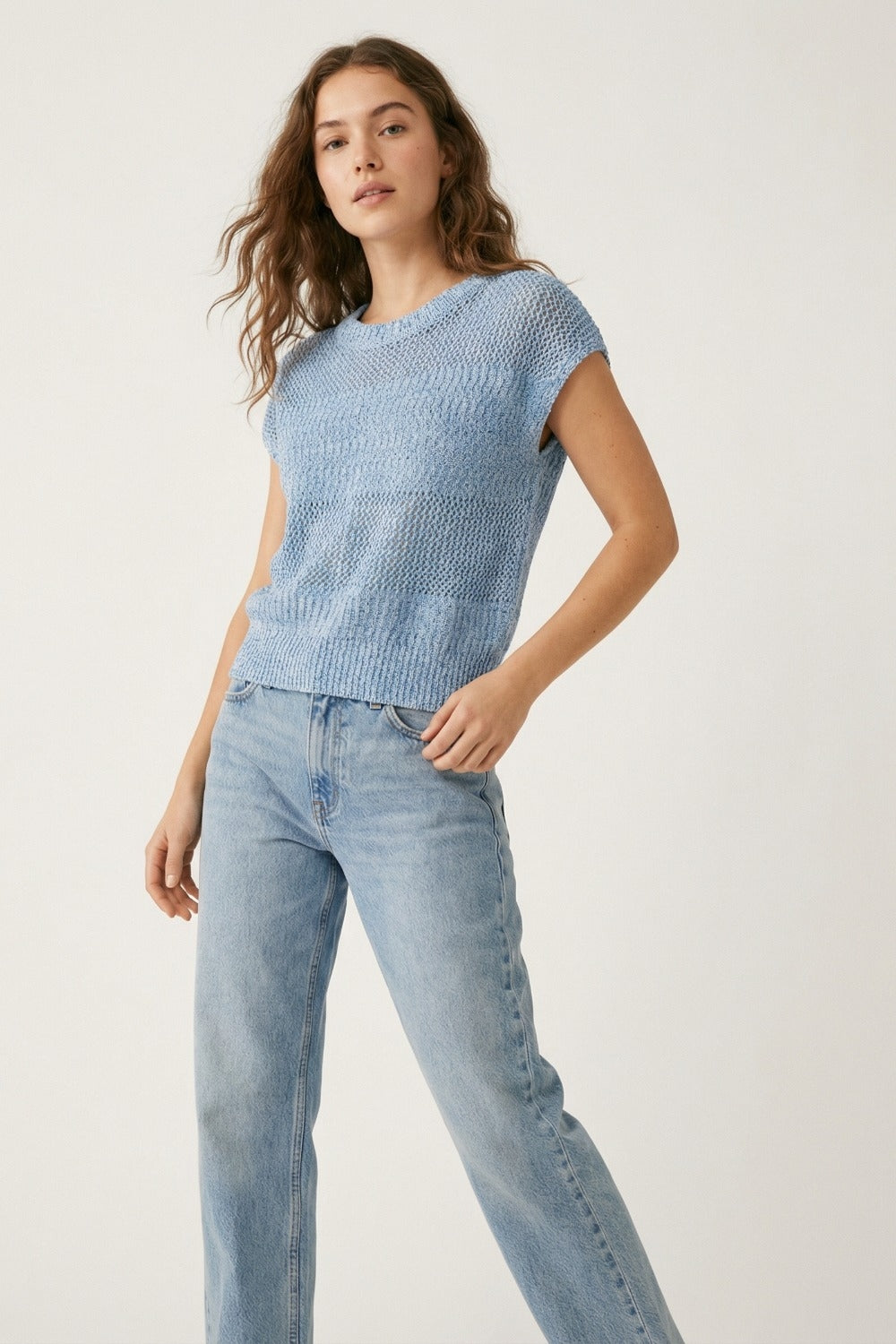 Light Blue Mesh Knit Relaxed Fit Sweater