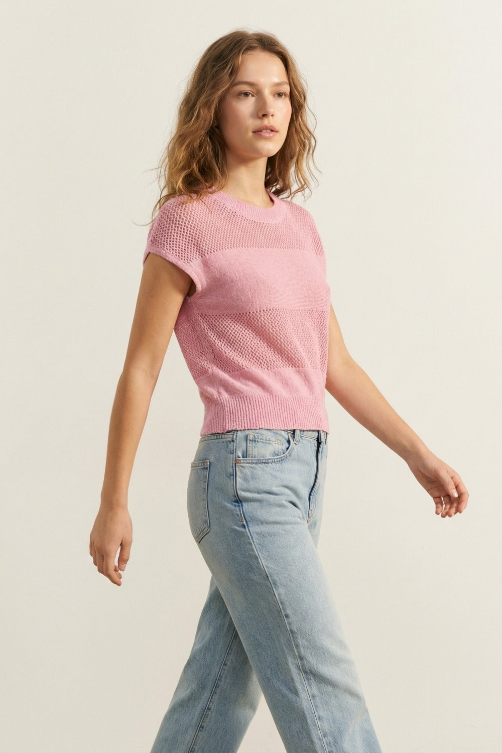 Pink Open-Knit Sleeveless Sweater in crochet
