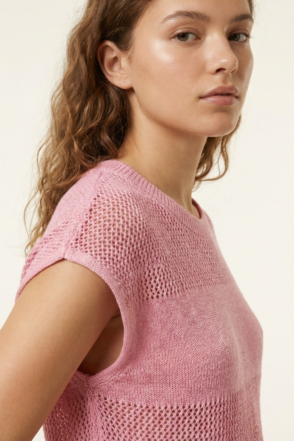 Pink Open-Knit Sleeveless Sweater in crochet
