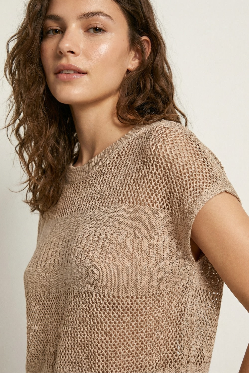 Beige crochet Knit Cap Sleeve Sweater