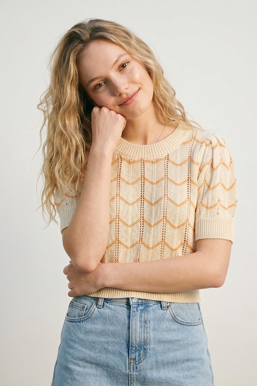 Crop Herringbone Print Fine Knit Jumper in Light Yellow