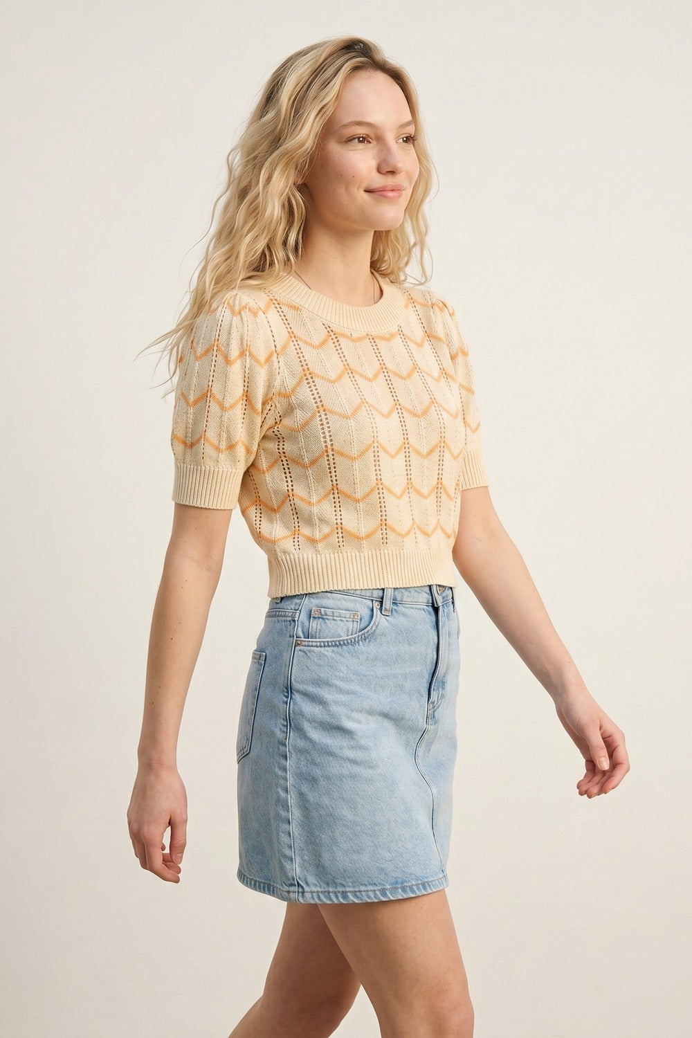 Crop Herringbone Print Fine Knit Jumper in Light Yellow