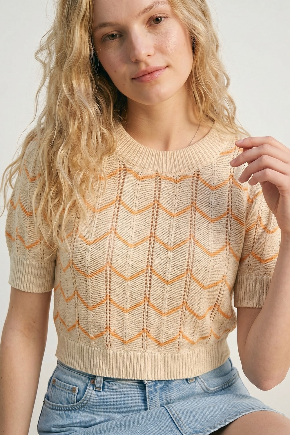 Crop Herringbone Print Fine Knit Jumper in Light Yellow