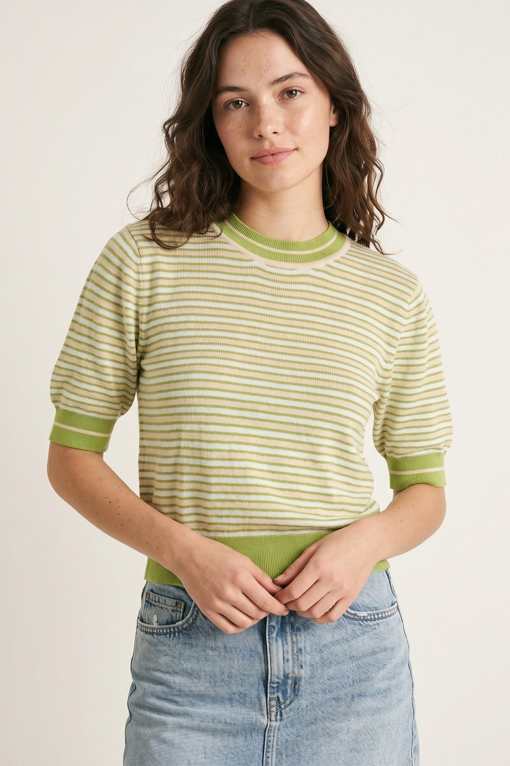 Short-Sleeve Striped Sweater in green and cream