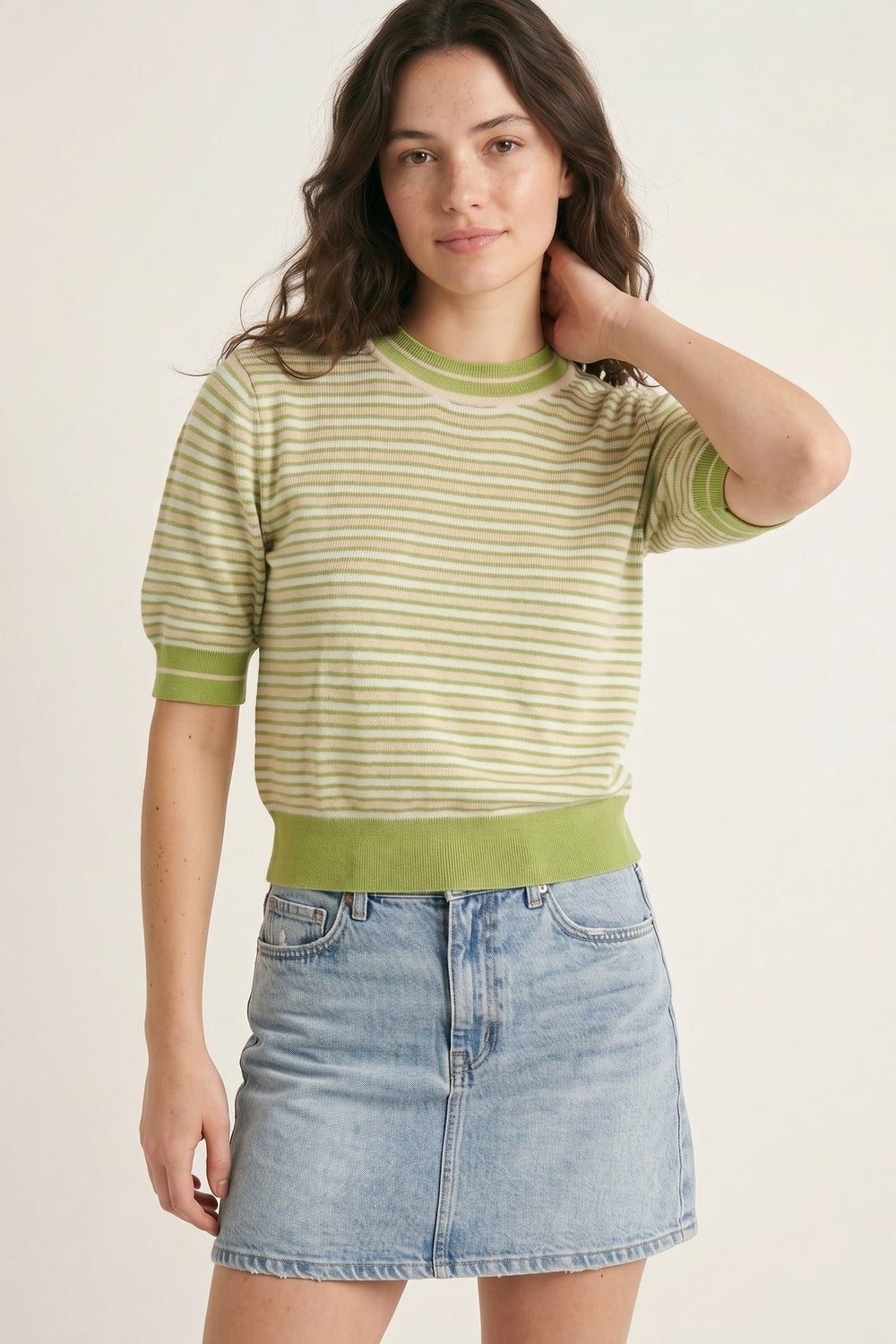 Short-Sleeve Striped Sweater in green and cream