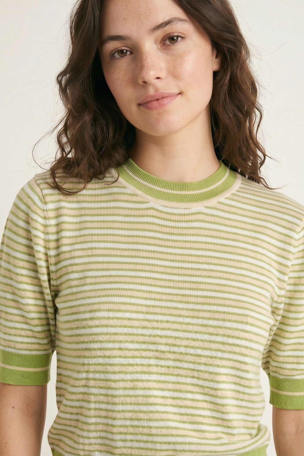 Short-Sleeve Striped Sweater in green and cream
